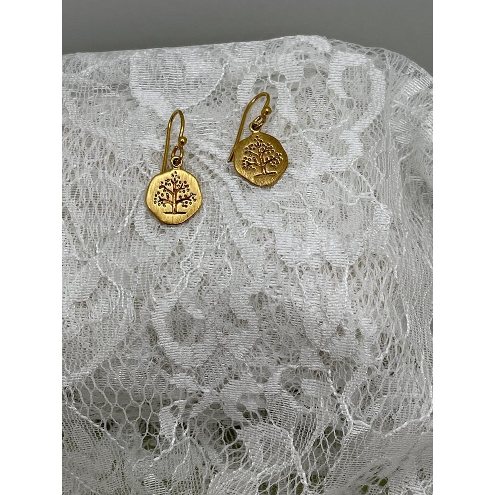 Gold Tone Tree Engraved Round Dangle Earrings - Picture 2 of 12
